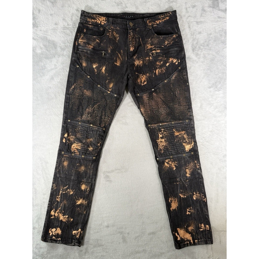 Krome Jeans Mens 38x32 Black Gold Ribbed Knee Streetwear Skater Hip Hop